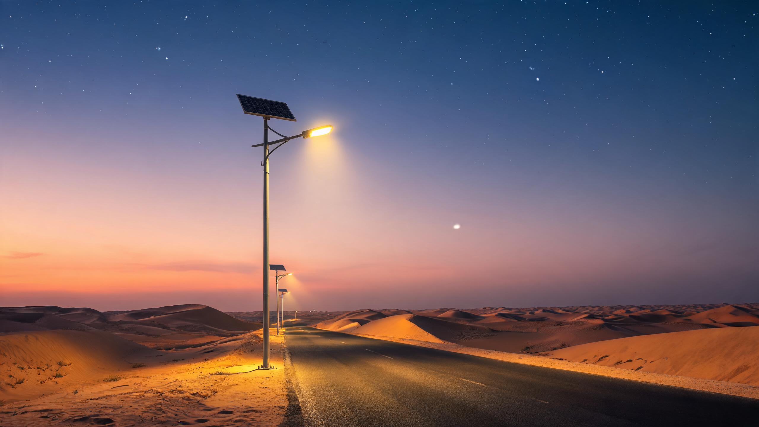 Solar LED street light on a desert highway